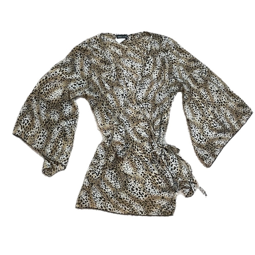 Vtg Y2K Wet Seal Cheetah Leopard Wrap V Neck Flare Sleeve Swim Cover Blouse S
